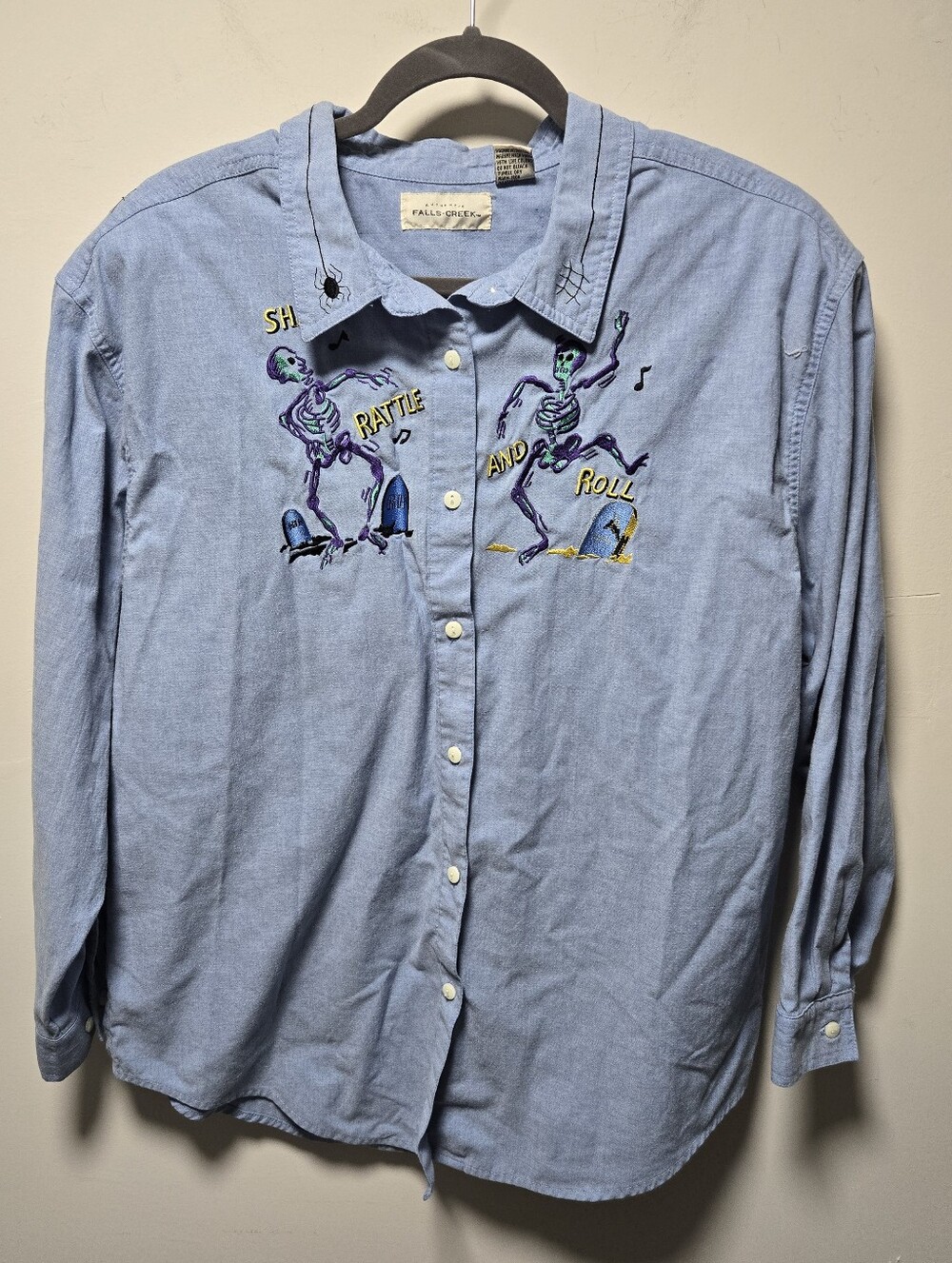Vintage Halloween Shirt Size XL Embroidered Skeletons Glow In The Dark 90s